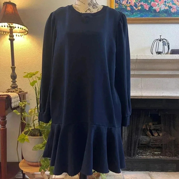 La Vie Rebecca Taylor Sweater Dress XL Blue Drop Waist Ruffle Hem Pockets Chic - Picture 1 of 13